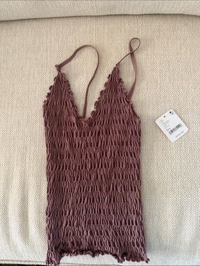 Free People Mauve Smocked V-Neck Spaghetti Strap Camisole